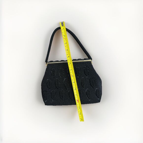 Vintage Ladies Jet Black Beaded Cocktail Handbag Purse Gold Clasp - Picture 5 of 11